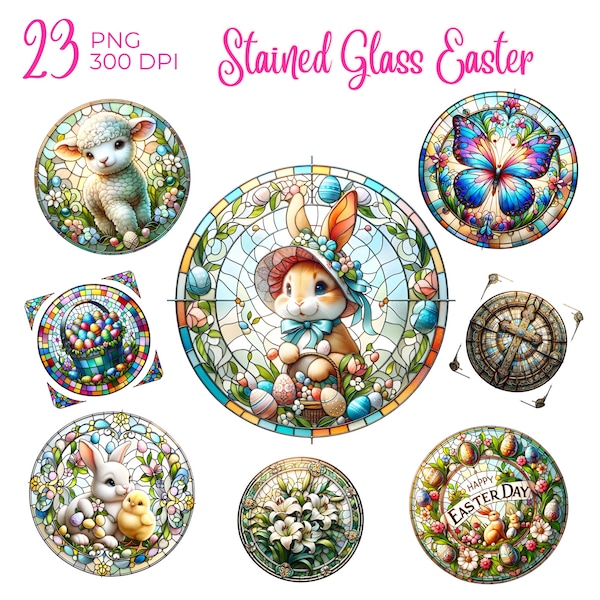 Stained glass Easter clipart, round stained glass PNG, Easter clipart, Easter chicks, Easter chickens, Easter eggs, easter baskets