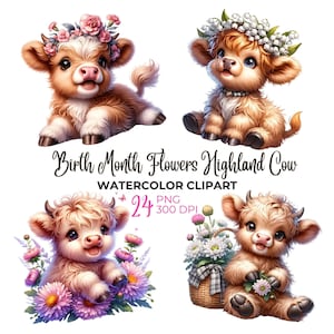 Aquarel geboortemaand bloemen Highland koe clipart, bloemen baby Highland koe PNG, bloemen clipart, gelukkige verjaardag clipart, commercieel gebruik