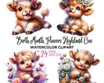 Aquarell Highland Kuh Clipart: Geburtsmonat Blumen (PNG, Kommerzielle Nutzung)