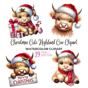 Aquarell Weihnachten niedliche Highland Kuh Clipart, Winter niedliche Highland Kuh PNG, frohe Weihnachten, winterliche niedliche Tier Clipart, kommerzielle Nutzung