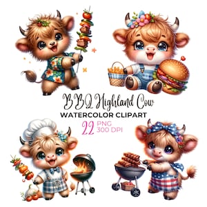 May include: Four watercolor illustrations of Highland cows dressed in summer outfits. The cows are holding various BBQ-themed items, including a burger, a grill, and skewers of food. The text "BBQ Highland Cow Watercolor Clipart 22 PNG 300 DPI" is at the bottom of the image.