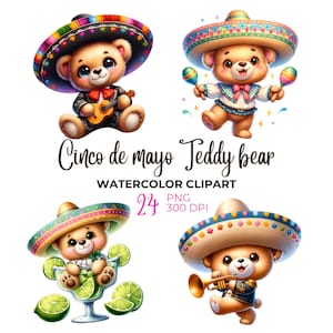 Aquarela Cinco de mayo ursinho Clipart, lindo ursinho de pelúcia PNG, cinco de mayo png, Clipart mexicano, ursinho de pelúcia bebê, sombrero Clipart