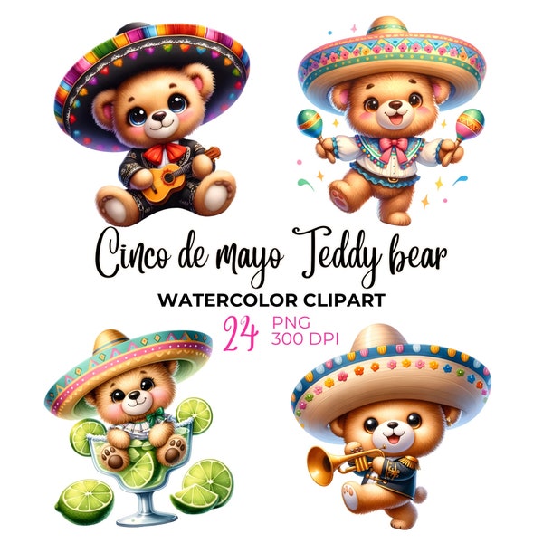 Watercolor Cinco de mayo teddy bear Clipart, cute teddy bear PNG, cinco de mayo png, Mexican Clipart , baby teddy bear, sombrero Clipart