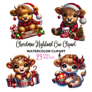 Aquarell Weihnachten Hochlandkuh Clipart, Winter süße Hochlandkuh PNG, frohe Weihnachten, winterliches niedliches Tier Clipart, kommerzielle Nutzung