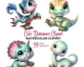 Clipart de dinosaurio en acuarela, lindo dinosaurio bebé PNG, arte infantil (descarga digital)