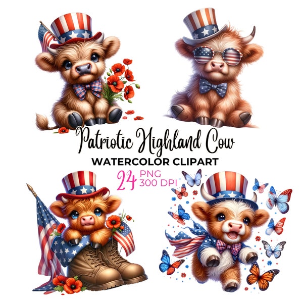 Watercolor patriotic highland cow clipart, Memorial Day clipart, 4th of July, baby highland cow PNG, American clipart, commercial use