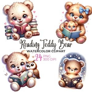 Aquarell Teddy Bär lesen Clipart: Kinderzimmer PNG (digitaler Download)