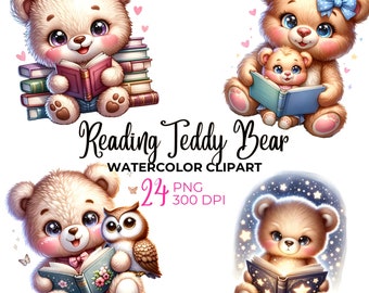 Watercolor Teddy Bear Reading Clipart: Nursery PNG (Digital Download)