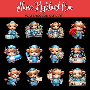 May include: A set of 12 watercolor clipart images featuring a Highland cow dressed as a nurse. Each image depicts the cow in a different pose with various medical-themed props, such as a stethoscope, a syringe, a pill, and a bottle of hand sanitizer. The text "Drink More Water", "Thank You!" and "Coffee - The start of every shift" is included in some of the images.