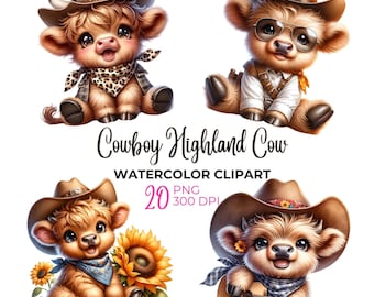 Watercolor Cowboy Highland Cow Clipart: Western PNG Set (Digital Download)
