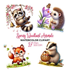 Imágenes prediseñadas de animales de primavera en acuarela, lindos animales del bosque PNG, imágenes prediseñadas de animales bebés, baby shower, ardilla, búho, Pascua PNG, uso comercial