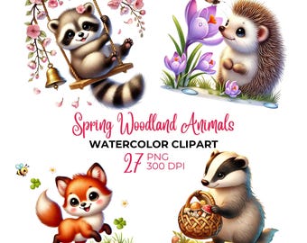 May include: A set of watercolor illustrations featuring woodland animals in a spring setting. The illustrations include a raccoon on a swing, a hedgehog with a flower, a fox, and a badger with a basket of mushrooms. The illustrations are perfect for adding a touch of whimsy to your designs.