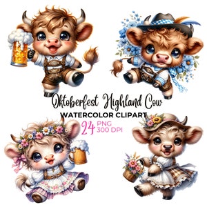 May include: Four watercolor illustrations of Highland cows dressed in traditional Oktoberfest clothing. The cows are wearing hats, dirndls, and lederhosen. One cow is holding a beer stein, another is holding a basket of flowers, and the other two are holding flowers.