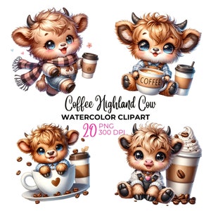 Acuarela amante del café vaca de las tierras altas clipart, café bebé vaca de las tierras altas PNG, día internacional del café, imágenes prediseñadas de café, uso comercial