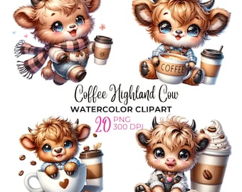 Watercolor Coffee Highland Cow Clipart: 20 PNG Designs (Digital Download)