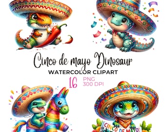 Watercolor Cinco de Mayo Dinosaur Clipart: Festive PNG Set (Digital Download)
