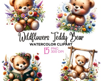 Watercolor Teddy Bear Wildflower Clipart: spring flowers. 15 PNG Images (Digital Download)