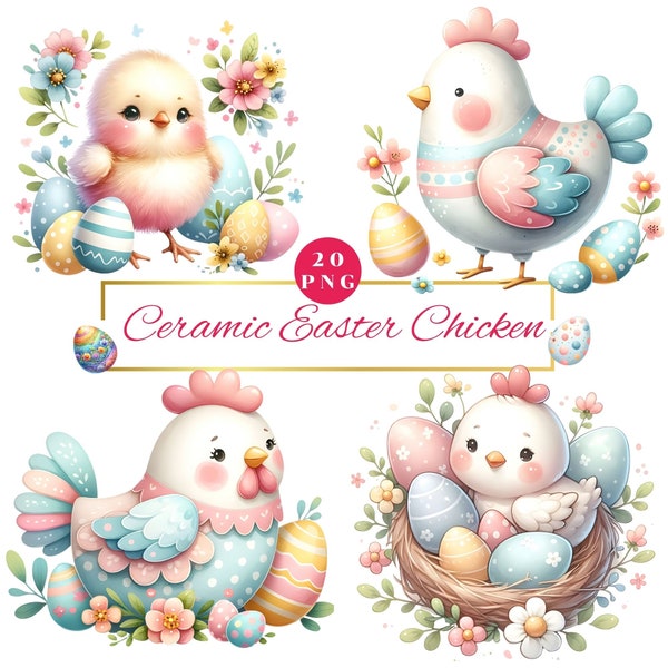 Watercolor Easter ceramic chicken clipart, ceramic cute chicks clipart, rooster clipart, nursery decor, Easter chicks, Easter eggs