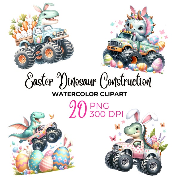 Watercolor Easter dinosaur clipart, Easter PNG, dinosaur construction PNG, nursery Clipart , Easter eggs, Easter bunny, commercial use