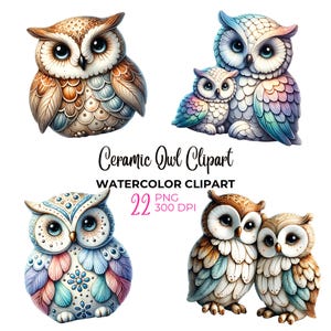 May include: A set of four watercolor clipart images of ceramic owls. The owls are in various poses and have different color patterns. The owls have large eyes and are depicted in a whimsical style.