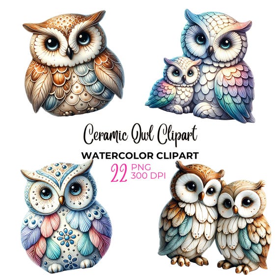Watercolor Ceramic Owl Clipart, Cute Animal PNG (Digital Download)