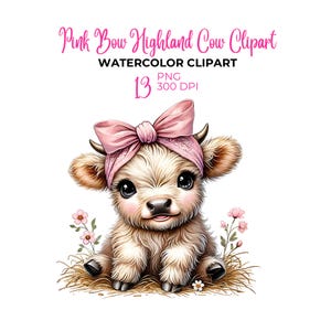 Aquarell rosa Schleife Highland Kuh Clipart, süße Highland Kuh PNG, rosa Oktober, rosa Schleifen, Mädchen Highland Kuh, Valentinstag kommerzielle Nutzung