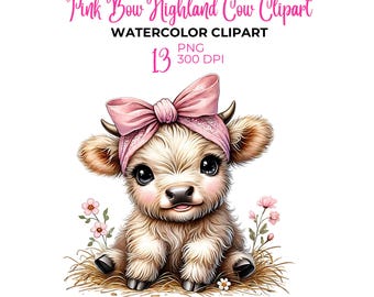 Watercolor Highland Cow Clipart: Pink Bow PNG (Commercial Use)