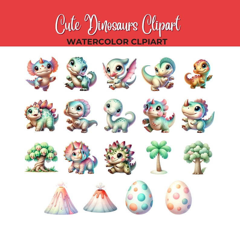 Watercolor Dinosaur Clipart, Cute Baby Dino PNG, Nursery Art (digital ...