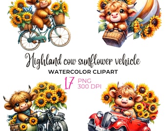 May include: Four digital illustrations of Highland cows driving different vehicles. The first image shows a cow riding a bicycle with a basket of sunflowers. The second image shows a cow riding in a hot air balloon with sunflowers. The third image shows a cow riding a motorcycle with sunflowers. The fourth image shows a cow driving a red car with sunflowers.