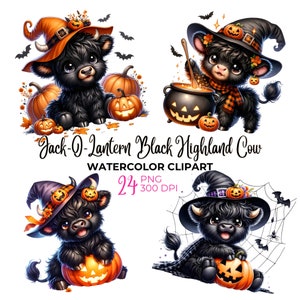 水彩のジャック・オー・ランタンの黒いハイランド牛のクリップアート、ハロウィーンのハイランド牛の PNG、不気味なクリップアート、赤ちゃん魔女のハイランド牛、商用利用