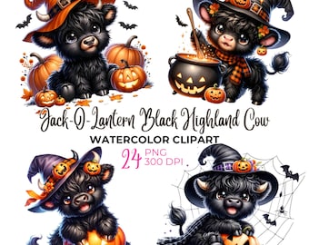 Watercolor jack-o-lantern black highland cow clipart, Halloween highland cow PNG, spooky clipart, baby witch highland cow, commercial use