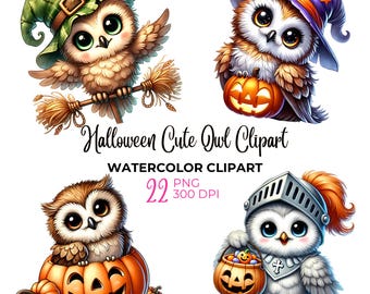 Watercolor Halloween cute owl clipart, owl PNG,  jack-o-lantern, spooky owl, pumpkin Clipart, autumn fall, cute animal, commercial use