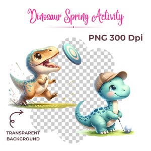 May include: Two cartoon dinosaurs playing sports. A brown and blue dinosaur is catching a flying disc. A blue dinosaur is playing golf with a golf club and a white golf ball.