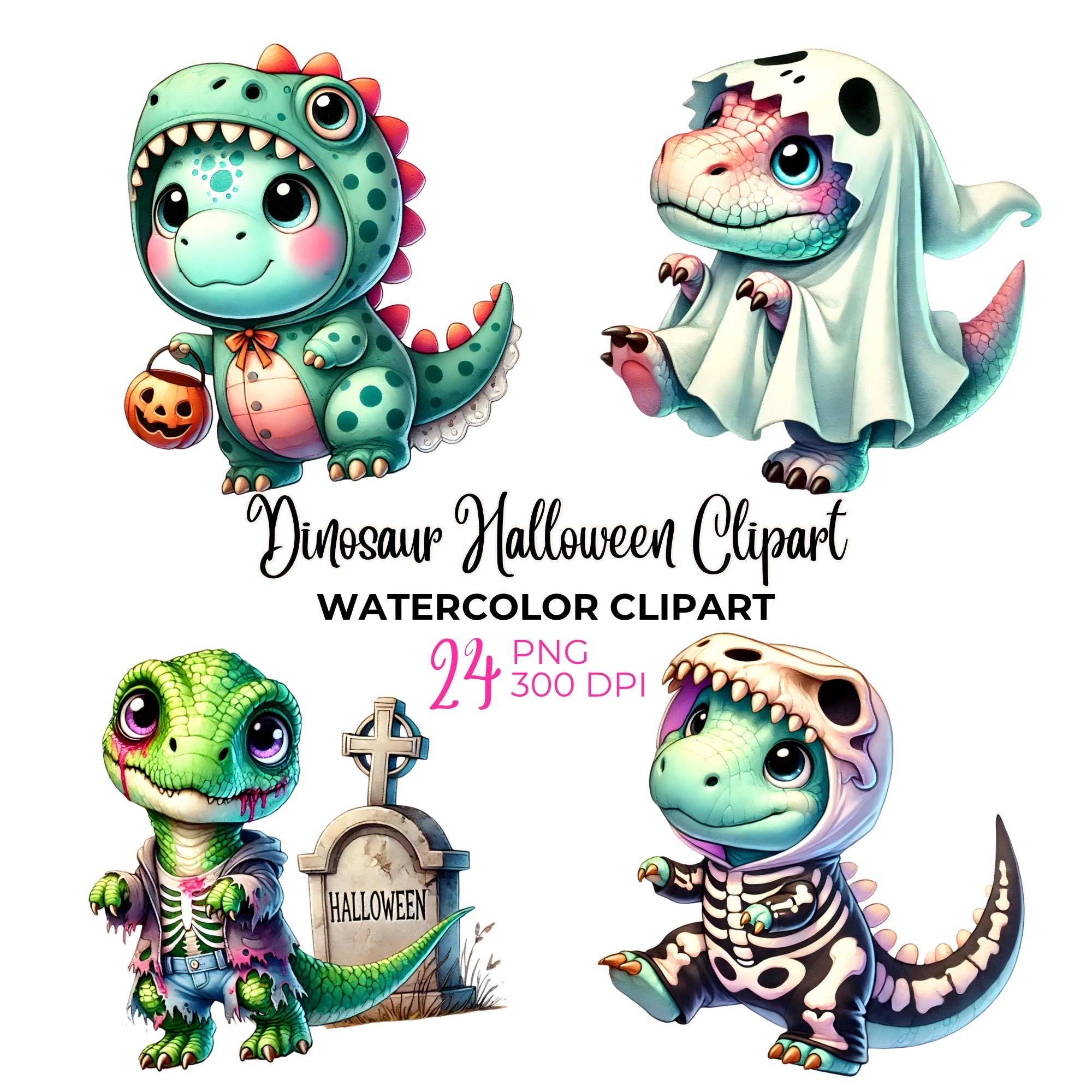 Watercolor cute dinosaurs Halloween clipart, spooky dinosaur PNG, jack-o-lantern clipart, baby witch dinosaur, commercial use