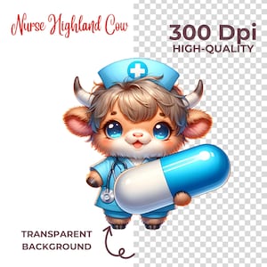 May include: A cartoon Highland cow dressed as a nurse, wearing a blue uniform, a white hat with a red cross, and holding a large blue and white pill.