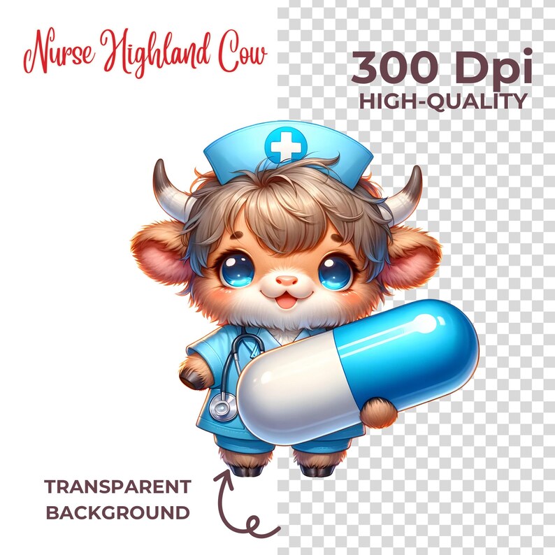 May include: A cartoon Highland cow dressed as a nurse, wearing a blue uniform, a white hat with a red cross, and holding a large blue and white pill.