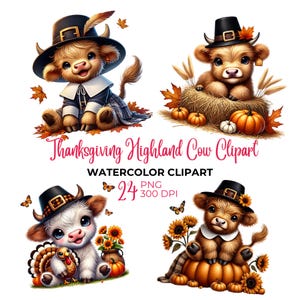 Clipart de vaca das terras altas de ação de graças em aquarela, vaca das terras altas fofa de outono PNG, animal de outono, peru PNG, vaca das terras altas de outono, uso comercial