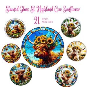 Highland cow sunflower Stained glass clipart, round stained glass PNG, highland cow clipart, sunflower PNG, spring clipart,PNG transparent