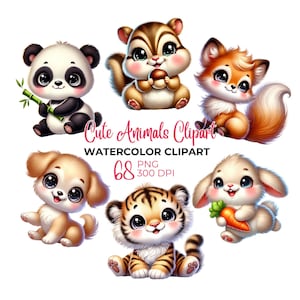Clipart di simpatici animali ad acquerello, PNG di animali del bosco, animali della giungla, animali da fattoria, Australia, koala, panda, bundle di clipart, uso commerciale