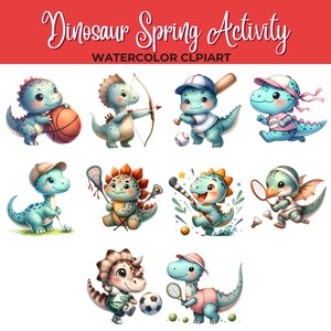May include: Watercolor clipart of ten cute dinosaurs playing different sports. The dinosaurs are all blue and green with different colored accents. They are playing basketball, archery, baseball, running, lacrosse, hockey, badminton, soccer, and tennis.