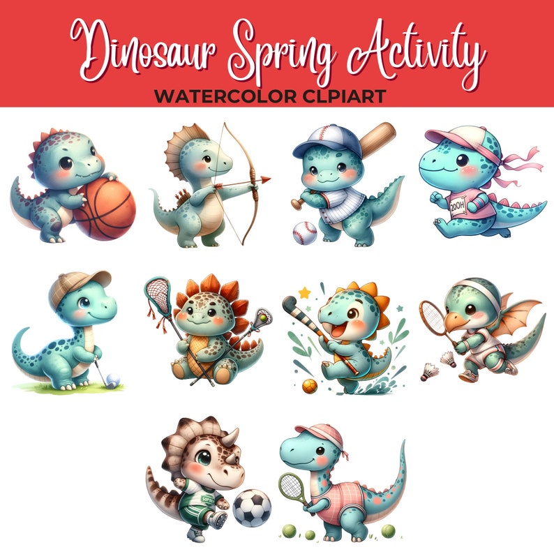 May include: Watercolor clipart of ten cute dinosaurs playing different sports. The dinosaurs are all blue and green with different colored accents. They are playing basketball, archery, baseball, running, lacrosse, hockey, badminton, soccer, and tennis.