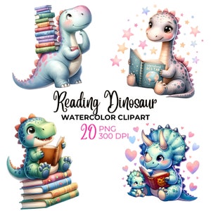 Clipart acquerello di lettura di dinosauri, PNG di dinosauri, giornata mondiale del libro, clipart di dinosauri e libri carini, clipart della giornata degli amanti dei libri, baby shower