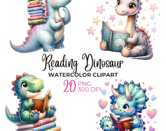 Watercolor Dinosaur Reading Clipart: Baby Shower PNG (Digital Download)