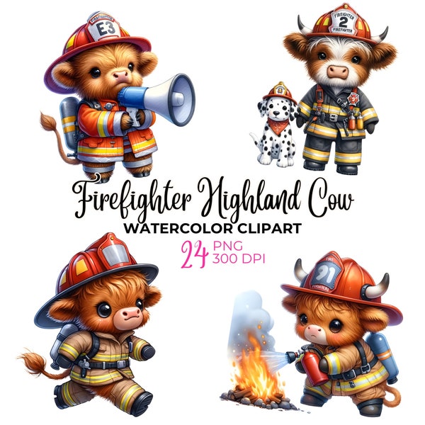 Watercolor firefighter cute highland cow Clipart, cute highland cow PNG, cute firefighter png, fire man, fire truck clipart, commercial use