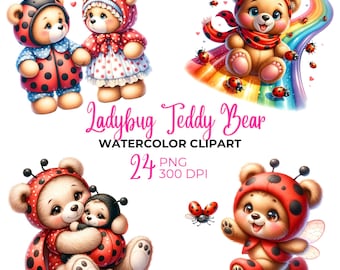 Clipart aquarel lieveheersbeestje teddybeer: kinderkamer, png (digitale download)
