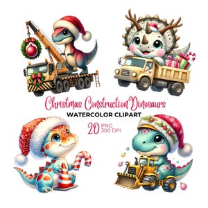 Clipart de dinossauro de construção de Natal em aquarela, bebê dinossauro PNG, animal de Natal, dinossauro de Papai Noel, caminhão de construção, uso comercial
