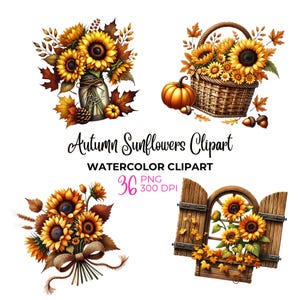 Aquarelle automne tournesols clipart, fleurs d'automne PNG, tournesols PNG, action de grâces, clipart fleurs, fleurs d'automne, commercial ues