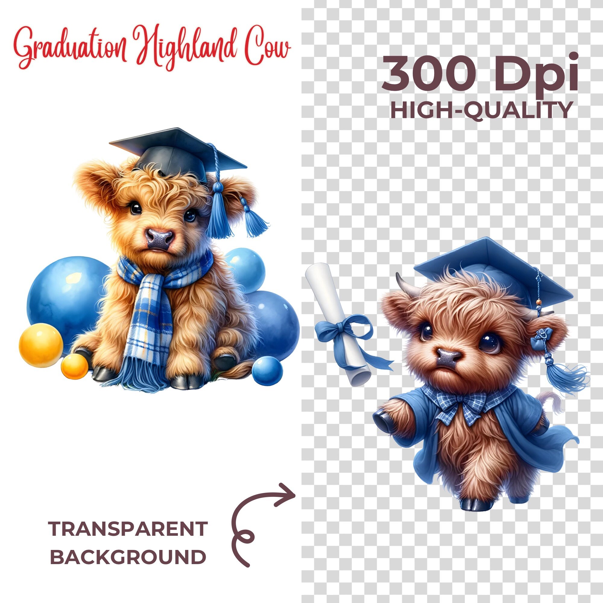 Watercolor Graduation Highland Cow Clipart: 14 PNG Images (commercial ...