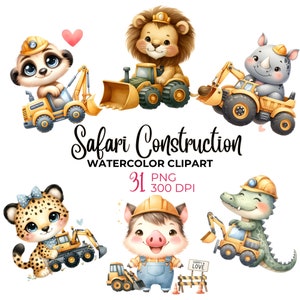 Clipart de aquarela de animais de safári, caminhão de construção de safári, animal de safári PNG, decoração de berçário de safári, clipart de dia dos namorados, clipart de construção