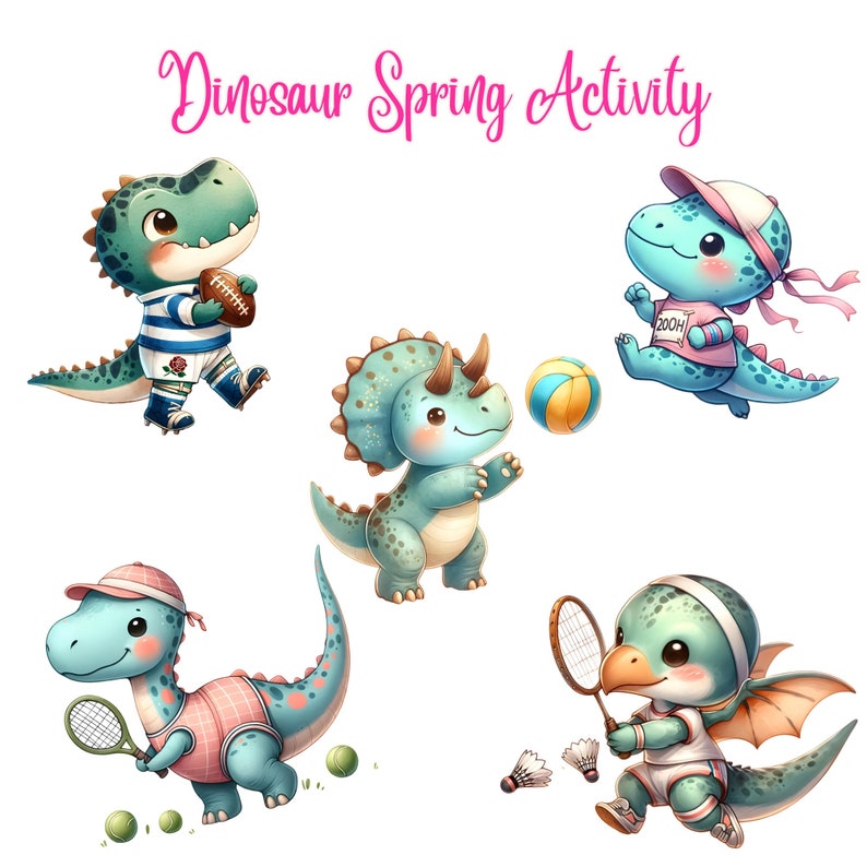 May include: Five cartoon dinosaurs playing different sports. A blue dinosaur with a white and red striped shirt is playing football. A green dinosaur with a pink shirt is playing tennis. A blue dinosaur with a pink shirt is playing volleyball. A blue dinosaur with a white shirt is playing badminton. A green dinosaur with a white shirt is playing basketball.